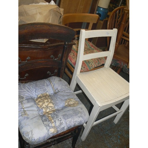 412 - VINTAGE WHITE PAINTED WOODEN CHAIR, KITCHEN CHAIR WITH SEAT PAD, & A BAR STOOL.