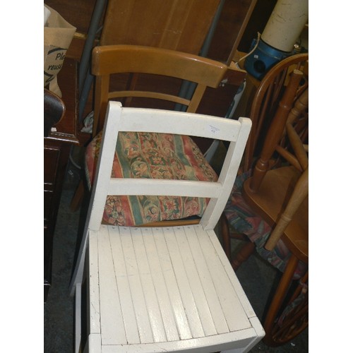 412 - VINTAGE WHITE PAINTED WOODEN CHAIR, KITCHEN CHAIR WITH SEAT PAD, & A BAR STOOL.