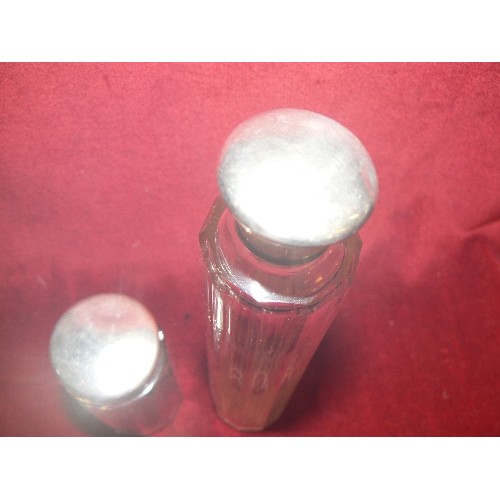 48 - 2 ANTIQUE DRESSING TABLE BOTTLES WITH SILVER TOPS