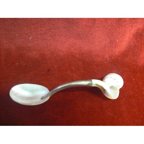 49 - A CAVIAR SPOON MADE FROM MOTHER O PEARL SEA SHELLS AND A BUTTON HOOK