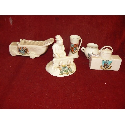 1 - SMALL COLLECTION OF RARE CRESTED WARE MAN IN STOCKS , KEEP THE HOME FIRES BURNING, CHARABANG WITH CH... 