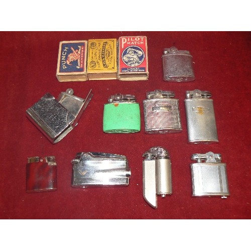 65 - COLLECTION OF 9 LIGHTERS (RONSON) AND OTHERS PLUS 3 VINTAGE MATCH BOXES