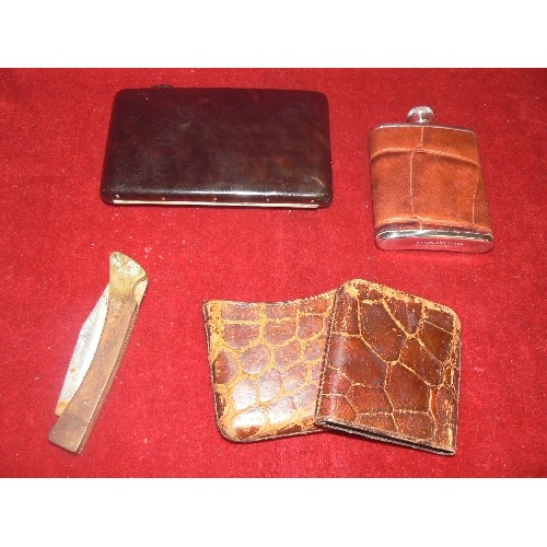 65A - COLLECTION OF ITEMS CIGARETTE CASE FAUX TORT0ISE SHELL. HIP FLASK. CROCODILE SKIN VINTAGE WHISTLE PE... 