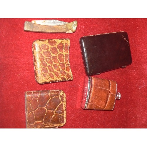 65A - COLLECTION OF ITEMS CIGARETTE CASE FAUX TORT0ISE SHELL. HIP FLASK. CROCODILE SKIN VINTAGE WHISTLE PE... 