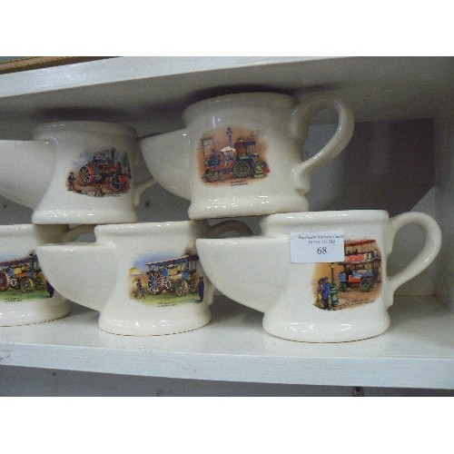 68 - WADE SHAVING MUGS X 5. VINTAGE, & DEPICTING STEAM VEHICLES. PLUS A BAVARIAN MUG SHOWING CLEETHORPES ... 