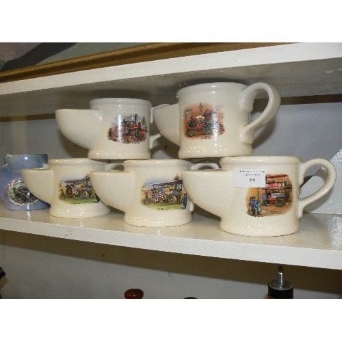 68 - WADE SHAVING MUGS X 5. VINTAGE, & DEPICTING STEAM VEHICLES. PLUS A BAVARIAN MUG SHOWING CLEETHORPES ... 