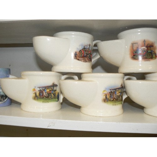 68 - WADE SHAVING MUGS X 5. VINTAGE, & DEPICTING STEAM VEHICLES. PLUS A BAVARIAN MUG SHOWING CLEETHORPES ... 