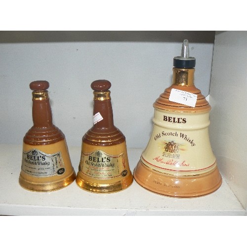 71 - 3 X BELL'S WHISKY BELL DECANTERS. 1 LARGE-2 SMALLER. EMPTY.