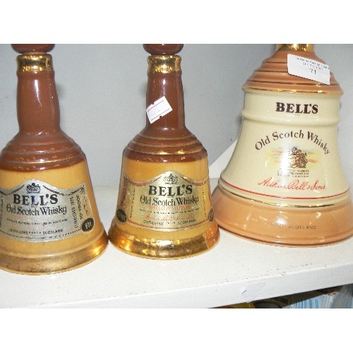 71 - 3 X BELL'S WHISKY BELL DECANTERS. 1 LARGE-2 SMALLER. EMPTY.