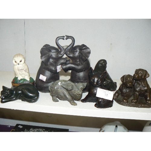 72 - 6 HAND-CRAFTED SCULPTURES PLUS A SMALL CAST IRON OWL DOORSTOP. INC DOGS, ELEPHANTS, PIG, CATS ETC ET... 