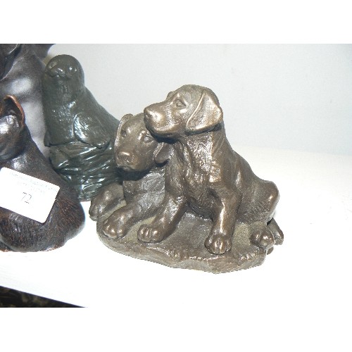 72 - 6 HAND-CRAFTED SCULPTURES PLUS A SMALL CAST IRON OWL DOORSTOP. INC DOGS, ELEPHANTS, PIG, CATS ETC ET... 