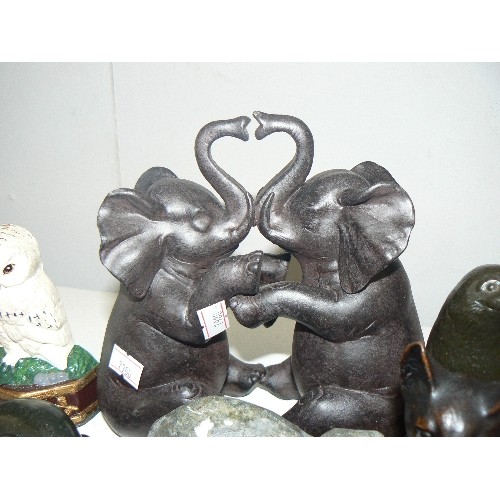 72 - 6 HAND-CRAFTED SCULPTURES PLUS A SMALL CAST IRON OWL DOORSTOP. INC DOGS, ELEPHANTS, PIG, CATS ETC ET... 