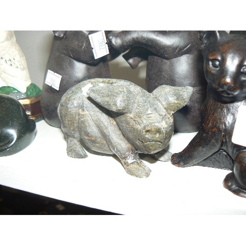 72 - 6 HAND-CRAFTED SCULPTURES PLUS A SMALL CAST IRON OWL DOORSTOP. INC DOGS, ELEPHANTS, PIG, CATS ETC ET... 