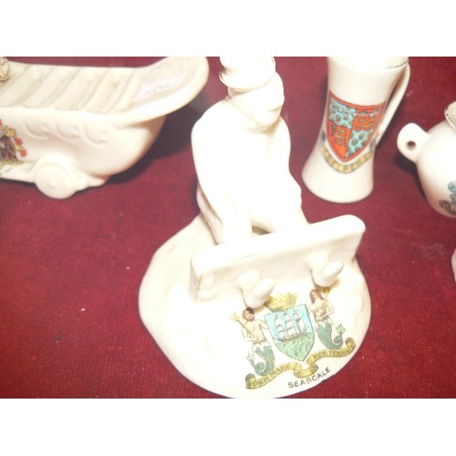 5 - SMALL COLLECTION OF RARE CRESTED WARE MAN IN STOCKS , KEEP THE HOME FIRES BURNING, CHARABANG WITH CH... 