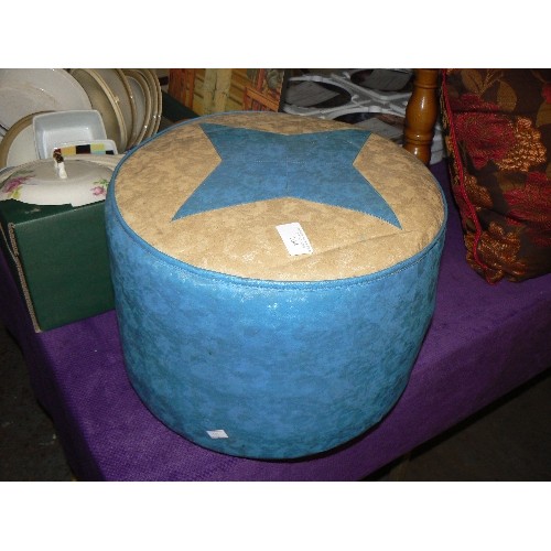 164 - SMALL RETRO-VINTAGE POUFFE/FOOTSTOOL. 2-TONE TEAL & CREAM VINYL. CIRCULAR.