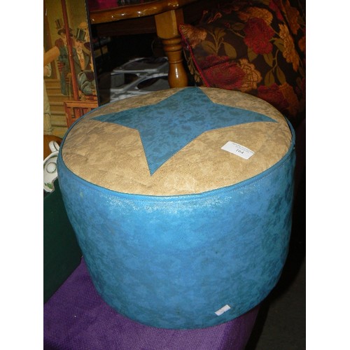 164 - SMALL RETRO-VINTAGE POUFFE/FOOTSTOOL. 2-TONE TEAL & CREAM VINYL. CIRCULAR.