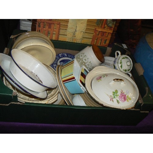 163 - CRATE OF MIXED CROCKERY, ENAMELWARE.