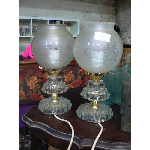 171 - PAIR OF SMALL CRYSTAL & BRASS BASED TABLE LAMPS, COMPLETE WITH FRILLED GLASS ETCHED SHADES.