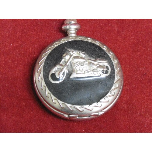 36 - 2 POCKET WATCHES 1 WITH CHAIN AUSTRALIA THE OTHER A MOTOR CYCLE MOTIFF