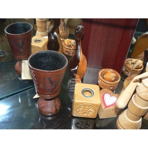 61 - COLLECTION OF TREEN  WOODEN MAN , FLOWERS, BOXES OTHER PIECES