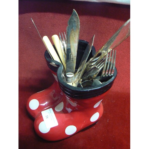 58 - PAIR OF RED POLKA -DOT CHINA BOOTS WITH COLLECTION OF FISH KNIVES AND FORKS