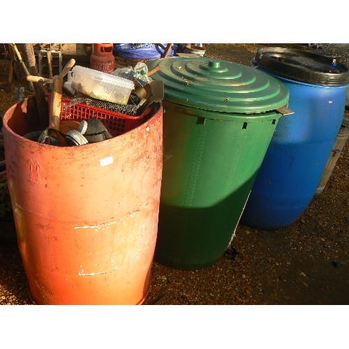 465 - 3 WATER BUTTS WITH GARDENING ITEMS (ORANGE, GREEN, BLUE)