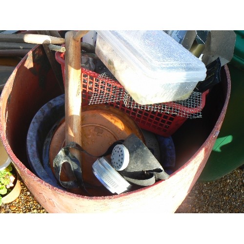 465 - 3 WATER BUTTS WITH GARDENING ITEMS (ORANGE, GREEN, BLUE)