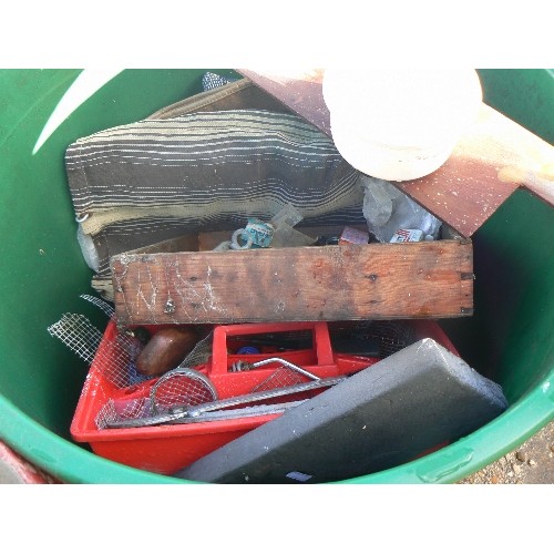 465 - 3 WATER BUTTS WITH GARDENING ITEMS (ORANGE, GREEN, BLUE)