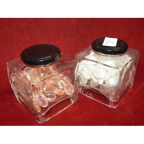 47 - TWO JARS OF DECORATIVE GLASS BEADS SHINEY