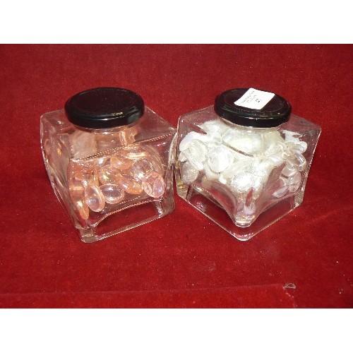 47 - TWO JARS OF DECORATIVE GLASS BEADS SHINEY