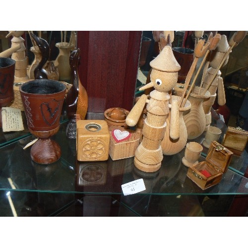 61 - COLLECTION OF TREEN  WOODEN MAN , FLOWERS, BOXES OTHER PIECES