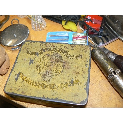 107 - VINTAGE BRASS DISH FULL OF TRINKETS & ODDS.