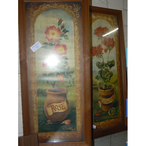 144 - PAIR OF LONG RECTANGULAR FRAMED PRINTS. PELARGONIUM & ROSE, IN TERRACOTTA POTS.