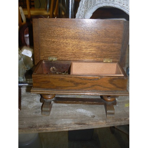 250 - ARTS & CRAFTS WOODEN MUSIC BOXES, 1 IN THE STYLE OF A REFECTORY TABLE.