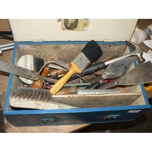 278 - OLD WOODEN TOOLBOX FULL OF TOOLS. INC PAINTBRUSH, HAMMER, SCRAPER, TROWEL, WIRE BRUSHES ETC. HAND-MA... 