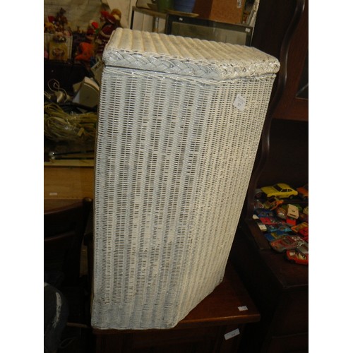 287 - LLOYD-LOOM STYLE CORNER LINEN BASKET. WHITE-PAINTED