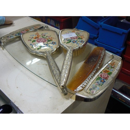 302 - VINTAGE DRESSING TABLE SET, BRUSH, COMB, HAND-MIRROR. CROSS-STITCH EFFECT.