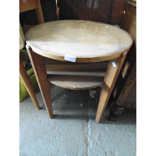 348 - CIRCULAR SIDE TABLE WITH TAPERED OAK LEGS. PLY TOP & LOWER SHELF.