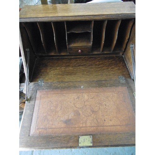 349 - MID-CENTURY OAK 3-DRAWER CHEST, WITH BUREAU TOP. UNUSUAL CIRCLE & DIAMOND CARVED DETAIL, & ON VERY C... 