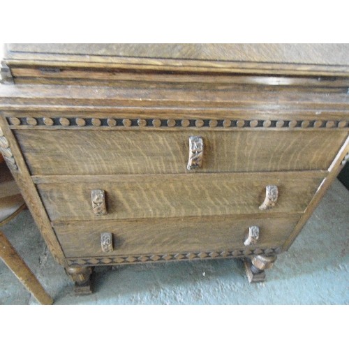 349 - MID-CENTURY OAK 3-DRAWER CHEST, WITH BUREAU TOP. UNUSUAL CIRCLE & DIAMOND CARVED DETAIL, & ON VERY C... 