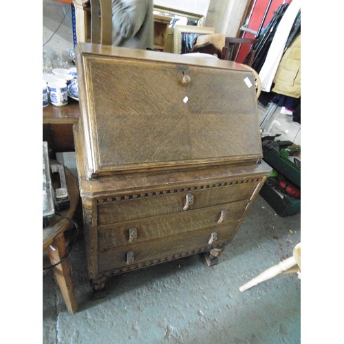 349 - MID-CENTURY OAK 3-DRAWER CHEST, WITH BUREAU TOP. UNUSUAL CIRCLE & DIAMOND CARVED DETAIL, & ON VERY C... 