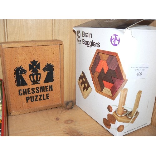 409 - WOODE BRAIN BOGGLER PUZZLE AND WOODEN CHESSMEN PUZZLE