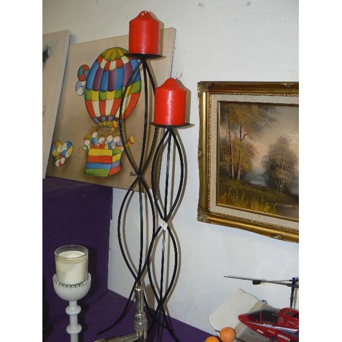 90 - 2 X TALL WROUGHT IRON CANDLE HOLDERS, TOGETHER WITH 2 X UNUSED RED PILLAR CANDLES.