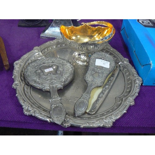 97 - SILVER-PLATED DRESSING-TABLE SET, MIRROR & BRUSH WITH VACANT CARTOUCHE, BON-BON DISH & COMB, ON A RO... 