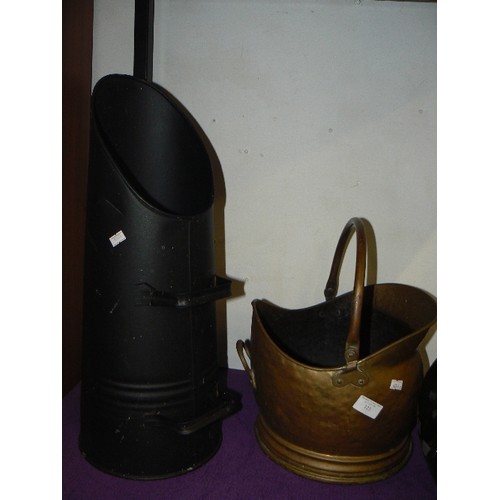 123 - A POT-BELLED BRASS COAL SCUTTLE  & A TALL BLACK SCUTTLE.