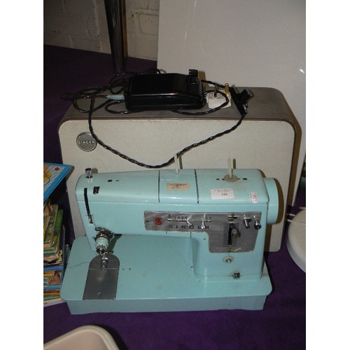148 - RETRO-VINTAGE SINGER 338 SEWING MACHINE, IN DUCK-EGG BLUE. WITH FOOT PEDAL & CARRY CASE.