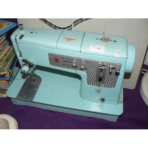 148 - RETRO-VINTAGE SINGER 338 SEWING MACHINE, IN DUCK-EGG BLUE. WITH FOOT PEDAL & CARRY CASE.