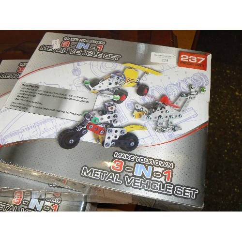 225 - 4 X SEALED BOXES OF 'MAKE YOUR OWN 3-IN-1 METAL VEHICLE 237 PC SETS. ALSO BRAND-NEW SWING SEAT WITH ... 