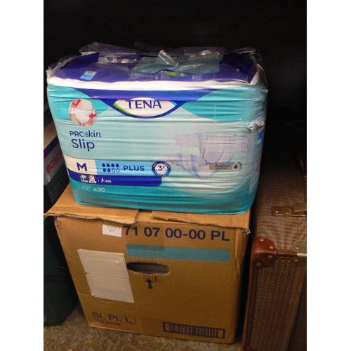 129 - TENA PROSKIN PADS. LARGE BOX AND UNOPENED PACKS. M & L.