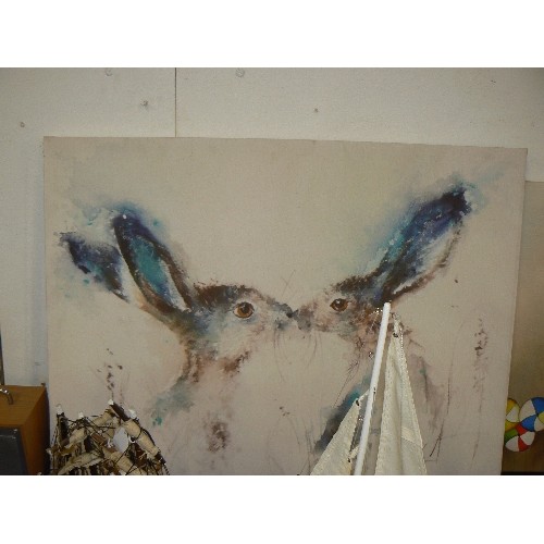 99 - 2 X CANVAS WALL ARTS. PAIR OF HARES AND A HOT AIR BALLOON FULL OF MUSICIANS-SIGNED BALLARD.